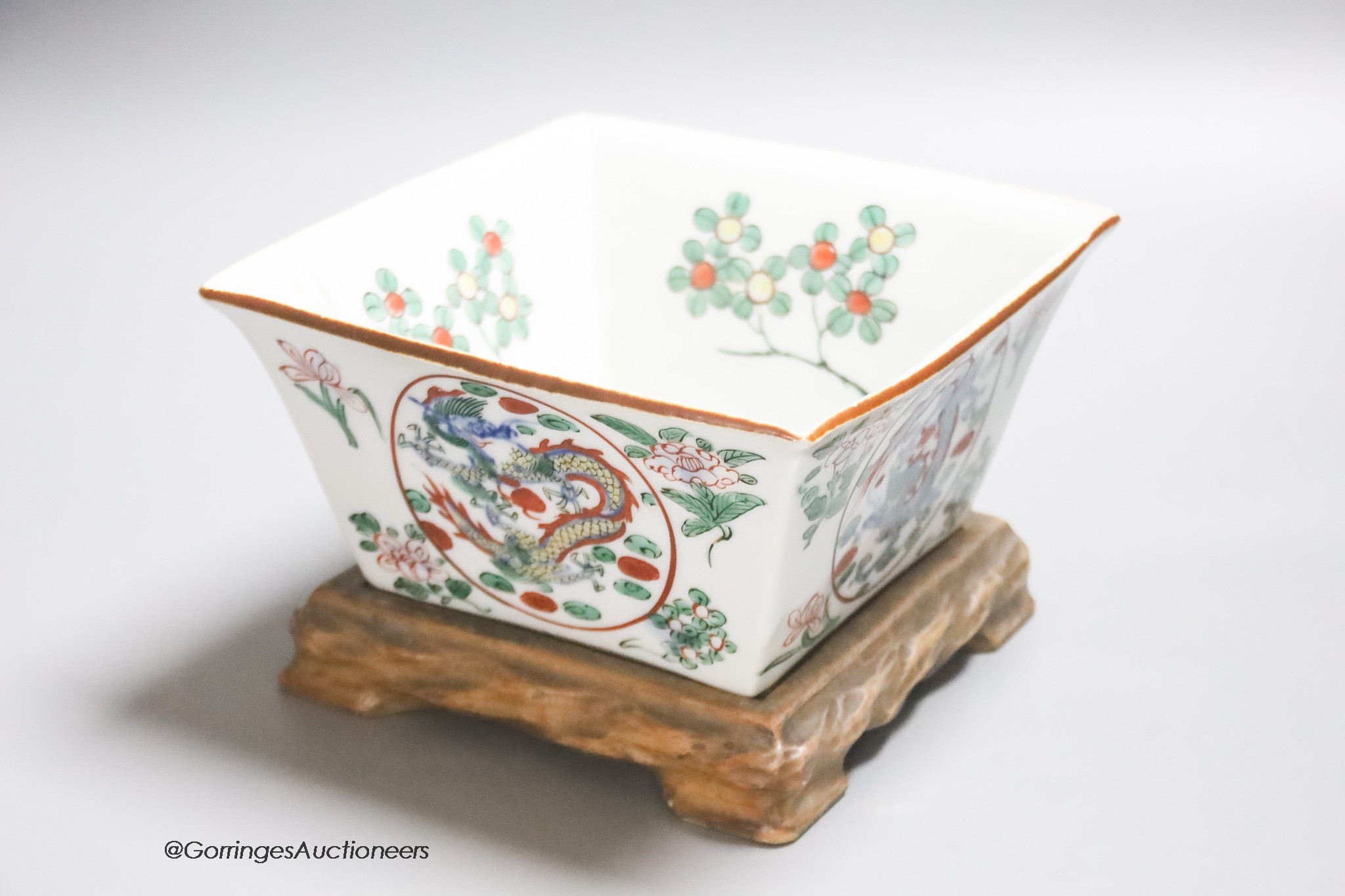 An Oriental enamelled porcelain square 'dragon' bowl, 18cm